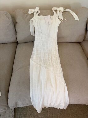 Smocked Tie-Shoulder White Dress